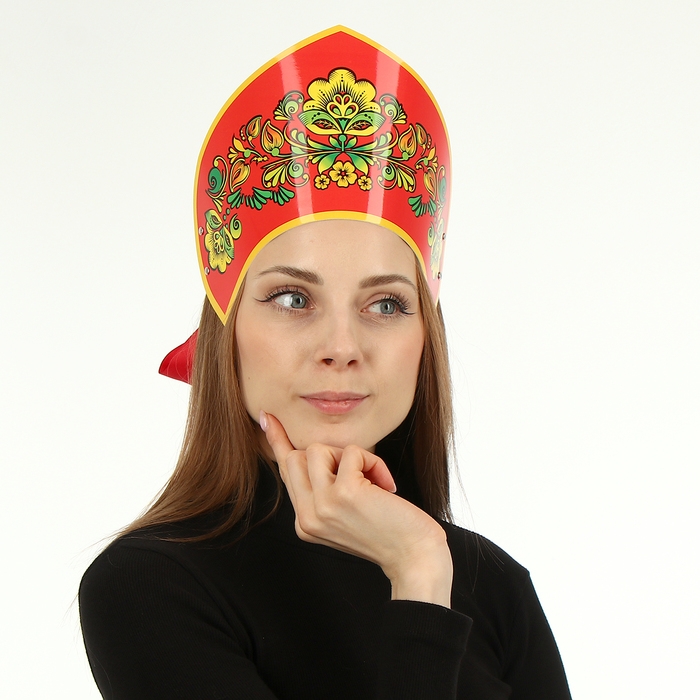 Кокошник «Анфиса» жёлтые цветы на красном Кокошник «Анфиса» жёлтые цветы на красном