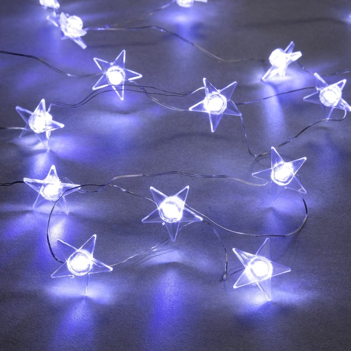 Гирлянда «Нить» 2 м роса с насадками «Звезда», IP20, серебристая нить, 20 LED, свечение белое, 2 режима, ААх2 Гирлянда «Нить» 2 м роса с насадками «Звезда», IP20, серебристая нить, 20 LED, свечение белое, 2 режима, ААх2