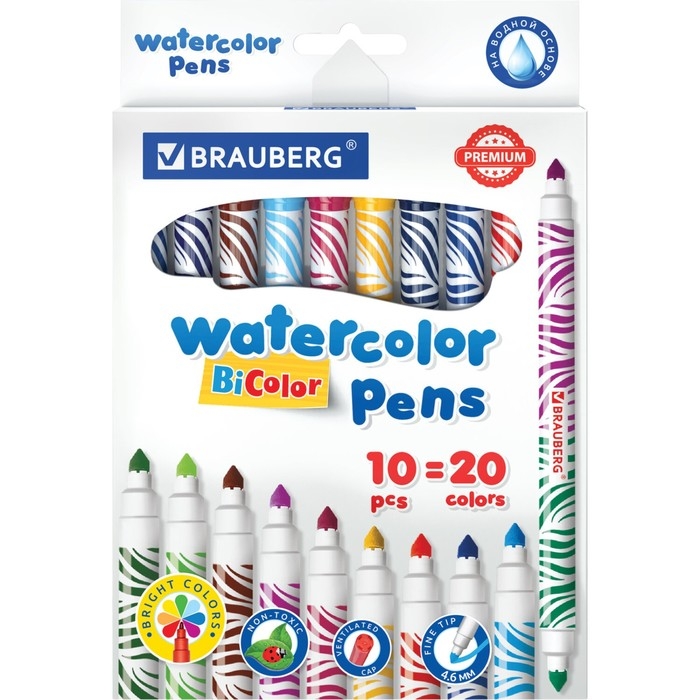 Фломастеры двусторонние 20 цветов BRAUBERG PREMIUM BI-COLOR, 10 штук, утолщенные, вентилируемый колпачок Фломастеры двусторонние 20 цветов BRAUBERG PREMIUM BI-COLOR, 10 штук, утолщенные, вентилируемый колпачок