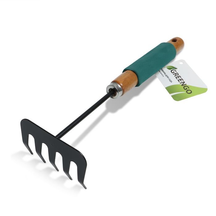 Грабли малые, прямые, 5 зубцов, длина 29 см, металл, деревянная ручка с поролоном, Greengo Грабли малые, прямые, 5 зубцов, длина 29 см, металл, деревянная ручка с поролоном, Greengo