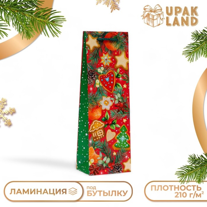 Новый год. Пакет подарочный новогодний под бутылку, упаковка  Новый год. Пакет подарочный новогодний под бутылку, упаковка "Угощения", 12 х 36 х 8,5 см.