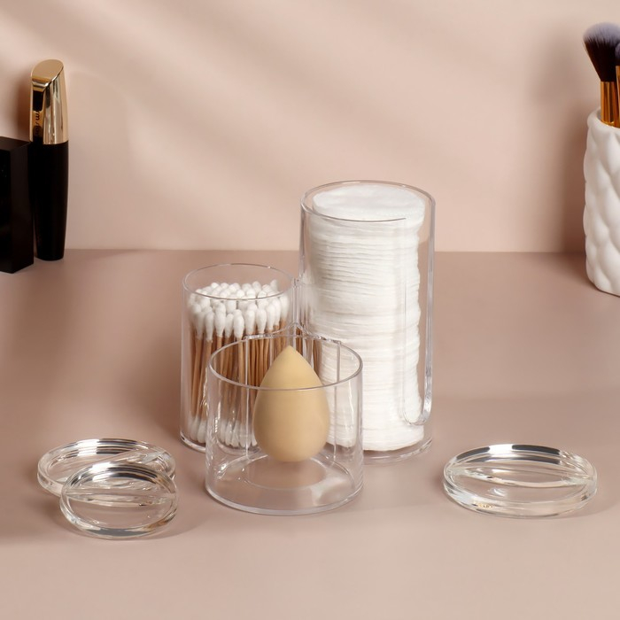 Органайзер для ватных палочек и дисков, с крышкой, 3 секции, 14 × 14 × 13 см, цвет прозрачный