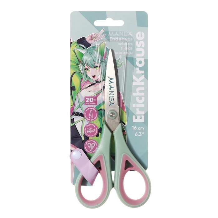 Ножницы ErichKrause Endeavor Manga, 16 см, двойная заточка, антискользящие резиновые вставки, европодвес, МИКС Ножницы ErichKrause Endeavor Manga, 16 см, двойная заточка, антискользящие резиновые вставки, европодвес, МИКС