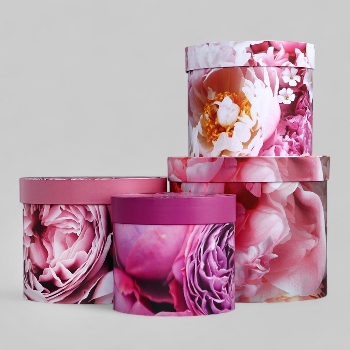Набор шляпных коробок для цветов 4 в 1, упаковка подарочная, «Пионы», 20 х 17,5 - 16 х 14 см Набор шляпных коробок для цветов 4 в 1, упаковка подарочная, «Пионы», 20 х 17,5 - 16 х 14 см