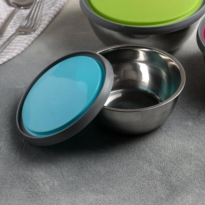 Набор салатников из нержавеющей стали с крышками &laquo;Яркая сталь&raquo;, 3 шт: d=12 см, d=14 см, d=16 см, 800 мл, 600 мл, 400 мл, цвет МИКС