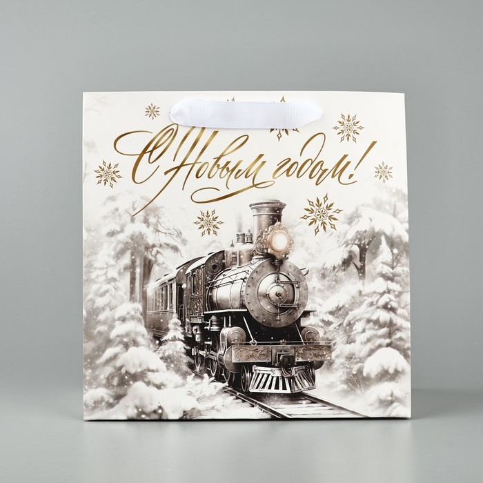 Пакет подарочный новогодний ламинированный квадратный «Новогодний поезд», 22 х 22 х 11 см , Новый год Пакет подарочный новогодний ламинированный квадратный «Новогодний поезд», 22 х 22 х 11 см , Новый год