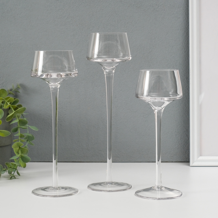 Подсвечник стекло набор 3 шт "Вуаль" высота 26см, 23 см, 20 см прозрачный