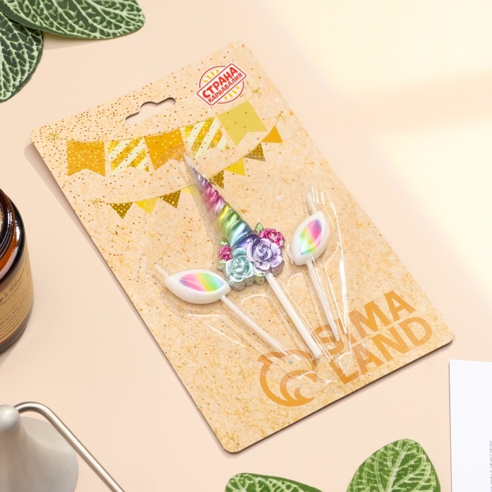 Набор свечей для торта, 3 шт  Набор свечей для торта, 3 шт "Волшебный единорог", разноцветные