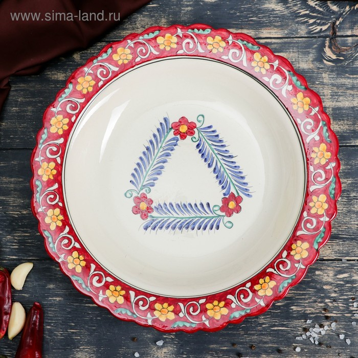 Блинница Риштанская Керамика  Блинница Риштанская Керамика "Цветы", 32 см, красный