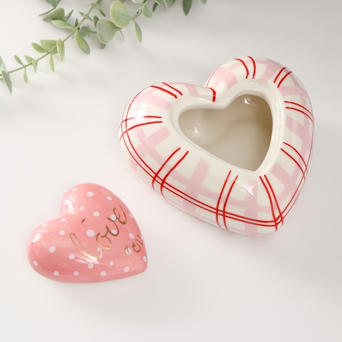 Шкатулка керамика Шкатулка керамика "Розовое сердце в горошек, в клеточку" 15,7х15,3х8,2 см