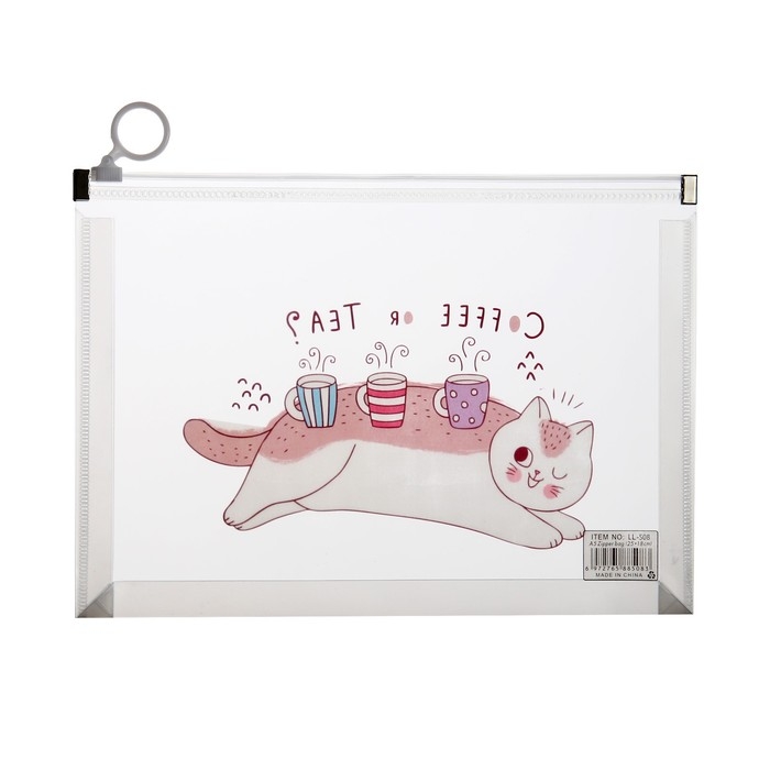 Папка-конверт на молнии формат А5, 180мкр, с рисунком Папка-конверт на молнии формат А5, 180мкр, с рисунком "Кот", МИКС