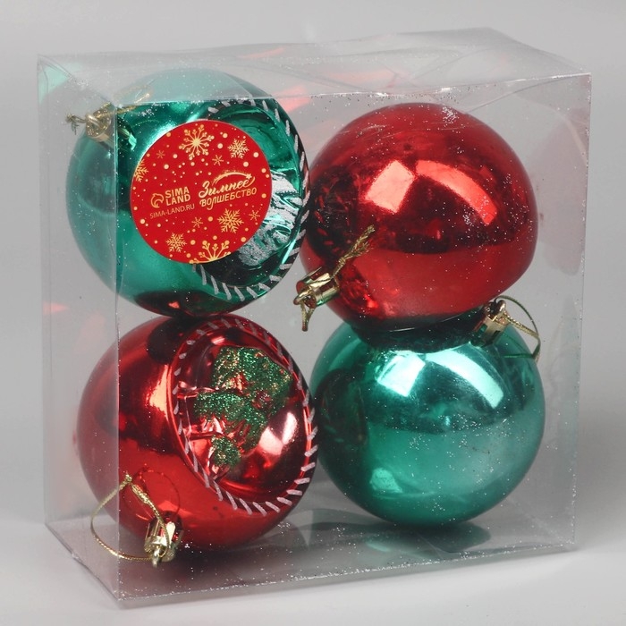 Набор шаров пластик d-8 см, 4 шт Набор шаров пластик d-8 см, 4 шт "Праздник" красный зелёный