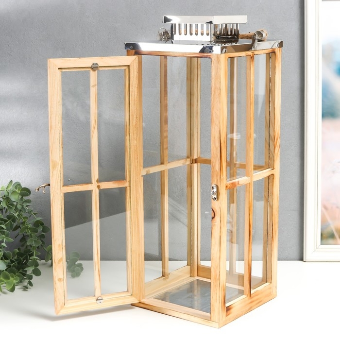 Подсвечник дерево Подсвечник дерево "Фонарь - большие окна" коричневый набор 2 шт 30х13х13; 49х18,5х18,5 см