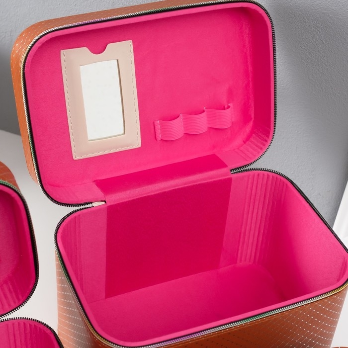 Шкатулка кожзам с зеркалом Шкатулка кожзам с зеркалом "Ромбы" охра набор 3 шт 19х10,5х10,5 21х13х14 15х23х17 см