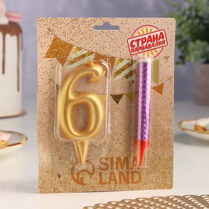 Набор Свеча для торта цифра 6 Гигант, золотая, с фонтаном, 9,5 см Набор Свеча для торта цифра 6 Гигант, золотая, с фонтаном, 9,5 см