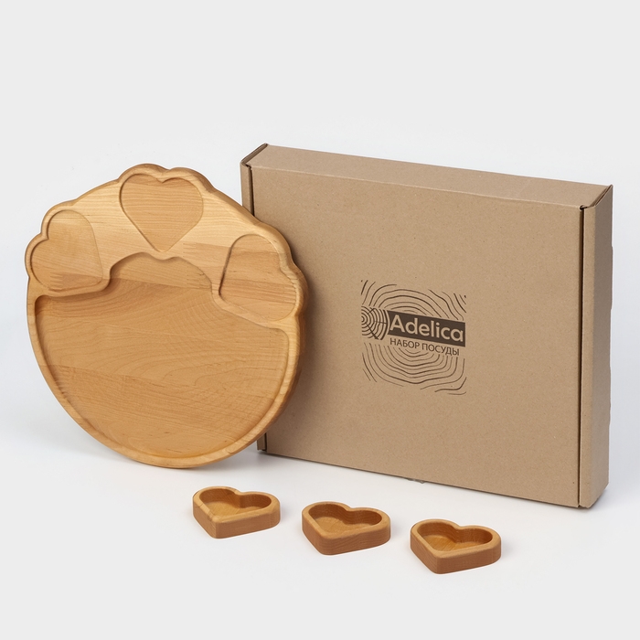 Подарочный набор деревянной посуды Adelica, поднос с 3 соусниками, 30&times;28&times;1,8 см, в подарочной коробке, берёза