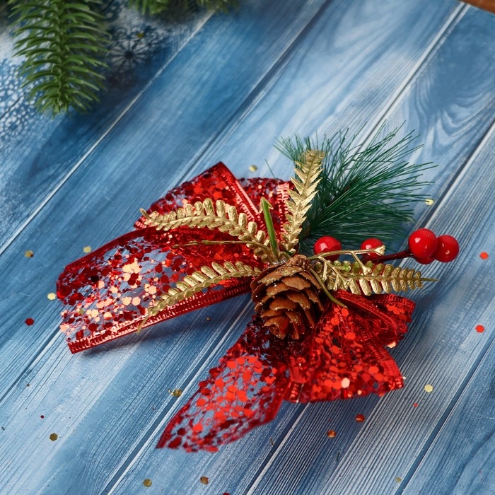 Украшение ёлочное Украшение ёлочное "Еловая композиция" (набор 3 шт) бант блеск шишка, 11х9 см, красный