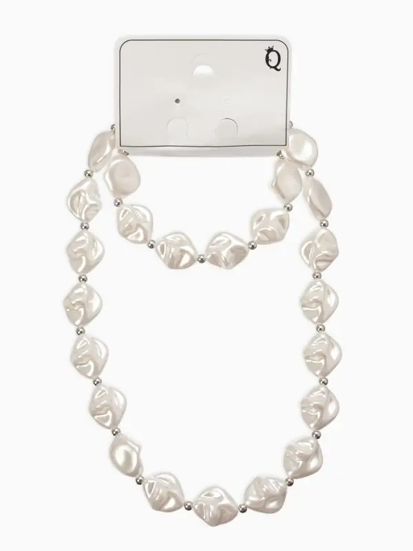 Набор 2 пред-та: бусы,браслет "Жемчуг барочный", ромб. 40/18см, цвет белый в серебре