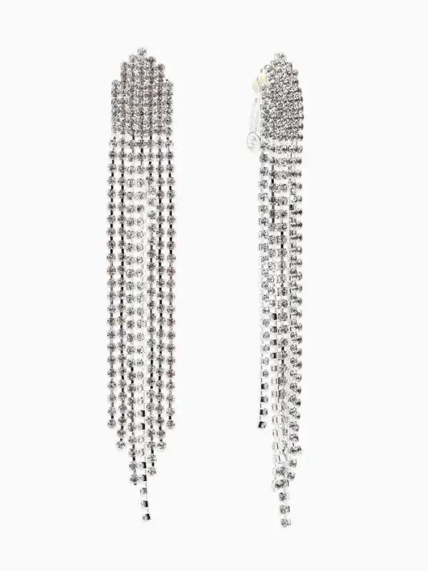 Серьги клипсы для ушей висячие со стразами QF &laquo;Вечеринка&raquo;, белые в серебре