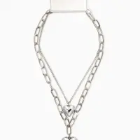 Кулон на цепочке крупное вытянутое звено 2 яруса "Сердечки", цвет серебро