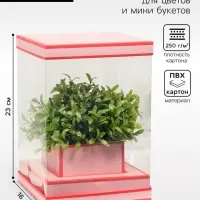 Коробка для цветов с вазой и PVC окнами складная, насыщенно - розовый, 16&times;23&times;16 см