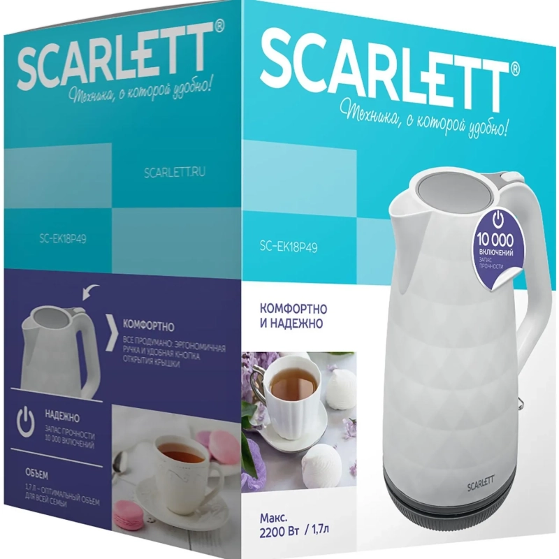Чайник электрический SCARLETT SC-EK18P49, пластик, 2200Вт, 1.7л, белый