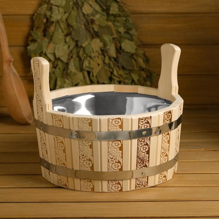 Шайка-таз из липы, 6 л, нержавеющая вставка, Шайка-таз из липы, 6 л, нержавеющая вставка, "Русские узоры"