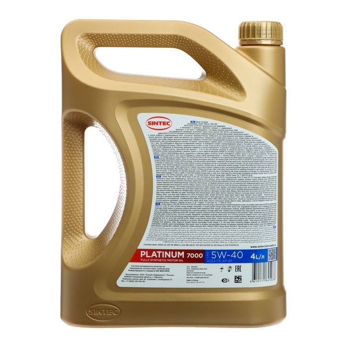 Масло моторное Sintec Platinum 7000 5W-40, C3 SP, синтетическое, 4 л Масло моторное Sintec Platinum 7000 5W-40, C3 SP, синтетическое, 4 л