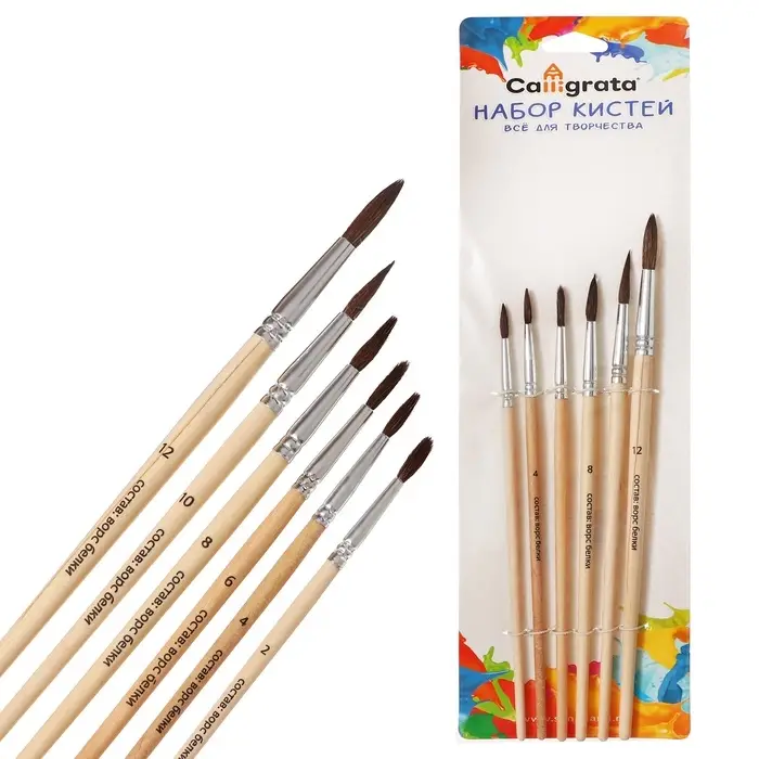 Набор кистей для рисования, белка, 6 штук: № 2, 4, 6, 8, 10, 12, Calligrata, круглые, деревянная ручка, международный размер