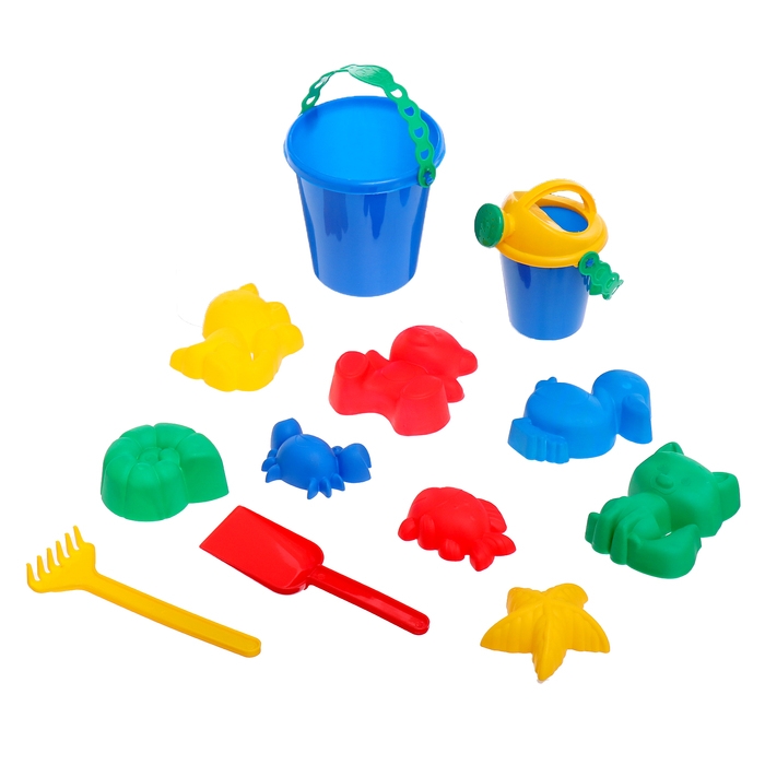 Набор для игры в песке №113 (8 формочек, совок, лейка, грабли, ведро) МИКС