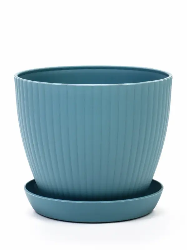 Горшок для цветов Ribbed, 15&times;15&times;13 см, 1.2 л, пластиковый, с поддоном, серо-голубой