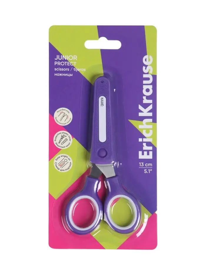 Ножницы детские ErichKrause Junior Protect, 13 см, с пластиковым чехлом и именным стикером, в блистере, МИКС