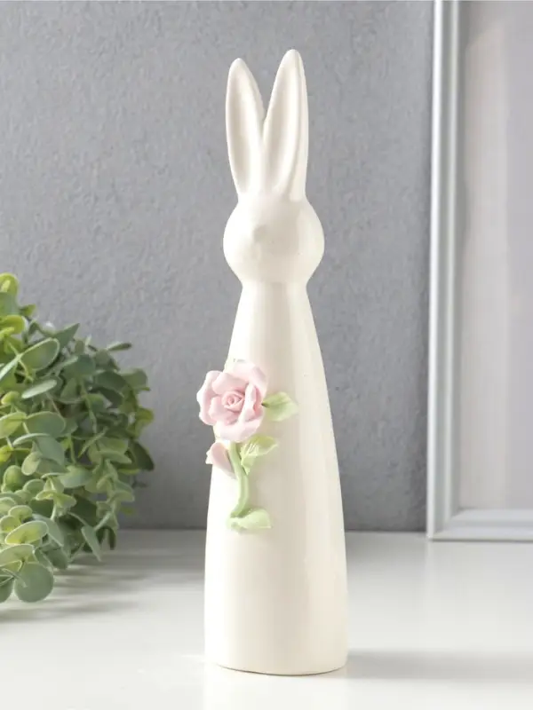 Сувенир керамика "Белый зайчик с розовой розой" 6х5х25,5 см