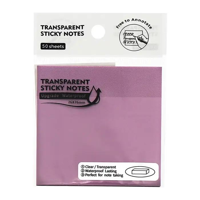 Блок с липким краем 76&times;76 мм, 50 листов, фиолетовый перламутр, прозрачный, пластик