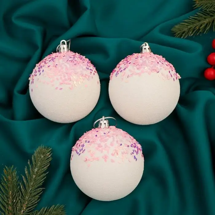 Ёлочные игрушки «Новелла блеск», шары новогодние, d=8 см, 3 шт., бело-розовый