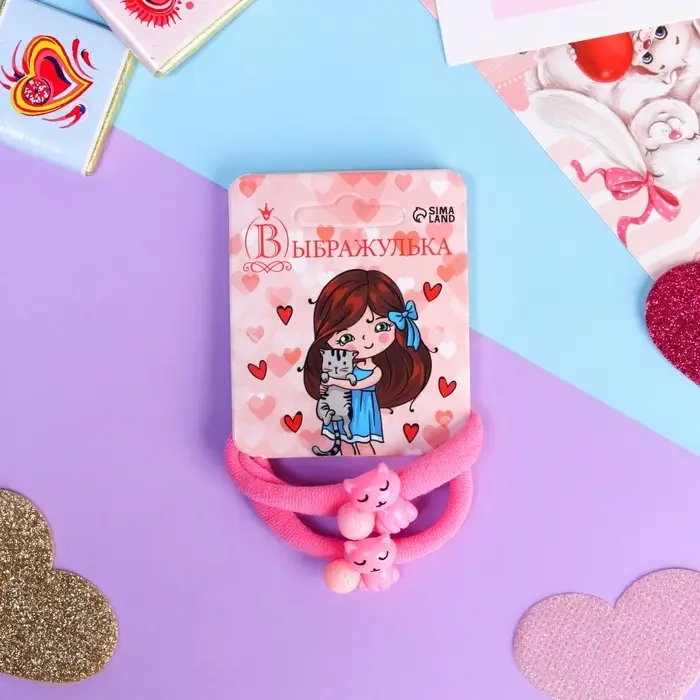 Резинки для волос «Маленькая радость», набор 2 шт., котик, 3.5 см, розовые