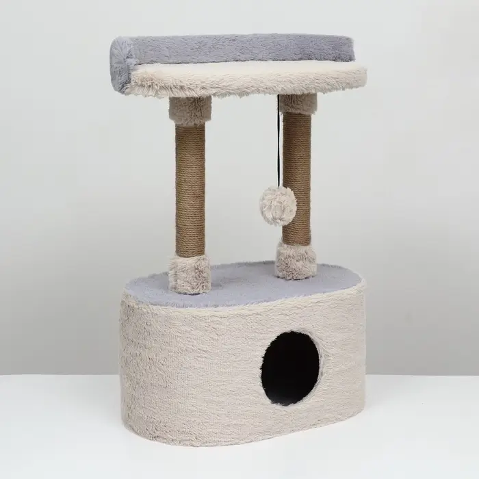 Домик для кошек с когтеточкой, 54&times;34&times;80 см, с овальной полкой, пушистый мех, джут, серый
