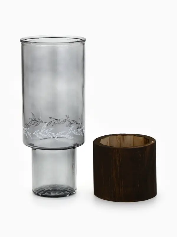 Ваза для цветов с деревянной подставкой из темного стекла, 25.5&times;10 см, 1.25 литра