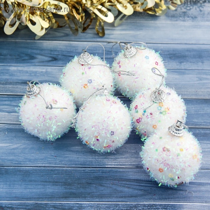 Набор шаров пластик d-5 см, 6 шт Набор шаров пластик d-5 см, 6 шт "Пушистый блеск" белый