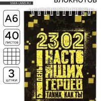Блокноты, А6, 40 л., на гребне, клетка, набор из 3 шт. &laquo;23.02 день героев&raquo;