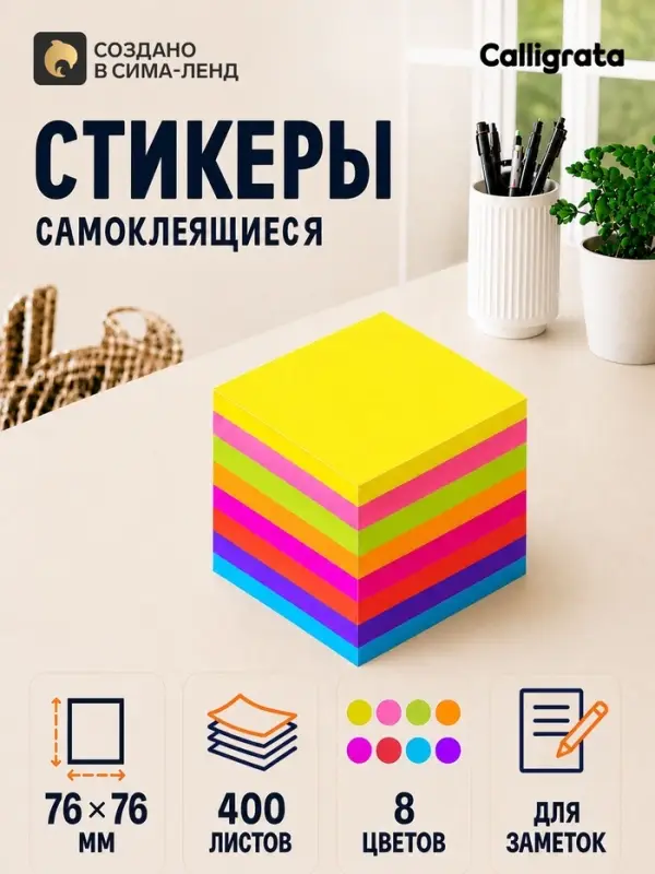 Блок с липким краем 76 мм &times; 76 мм, 400 листов, флуоресцентный, 8 цветов
