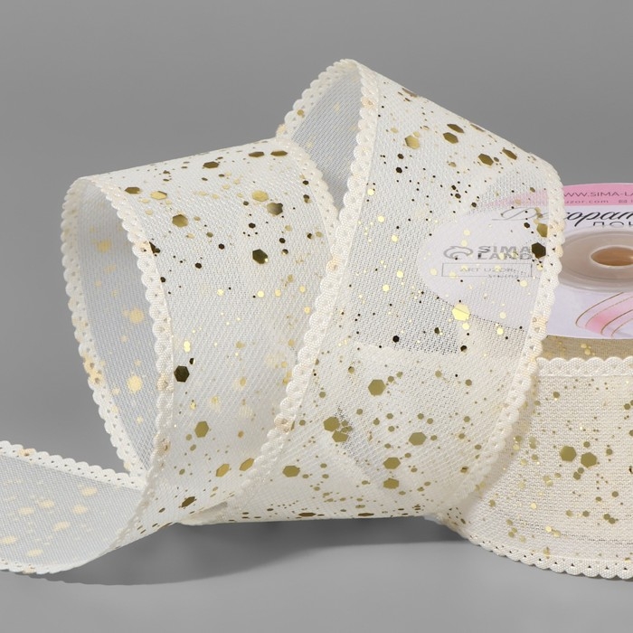 Лента декоративная, с глиттером, 38 мм, 9 ± 0,5 м, цвет бежевый/золотой Лента декоративная, с глиттером, 38 мм, 9 ± 0,5 м, цвет бежевый/золотой