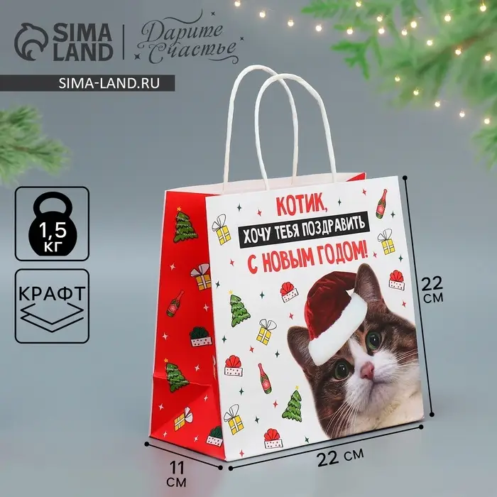 Пакет подарочный новогодний крафтовый &laquo;Котик&raquo;, 22&times;22&times;11 см