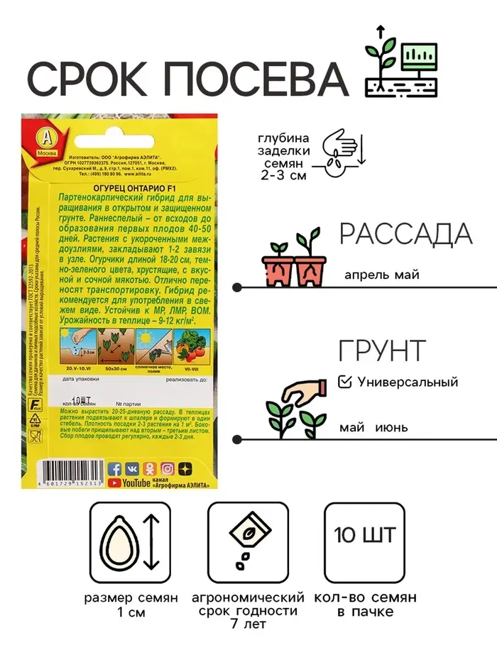 Семена Огурец "Онтарио",  F1, ц/п, 10 шт