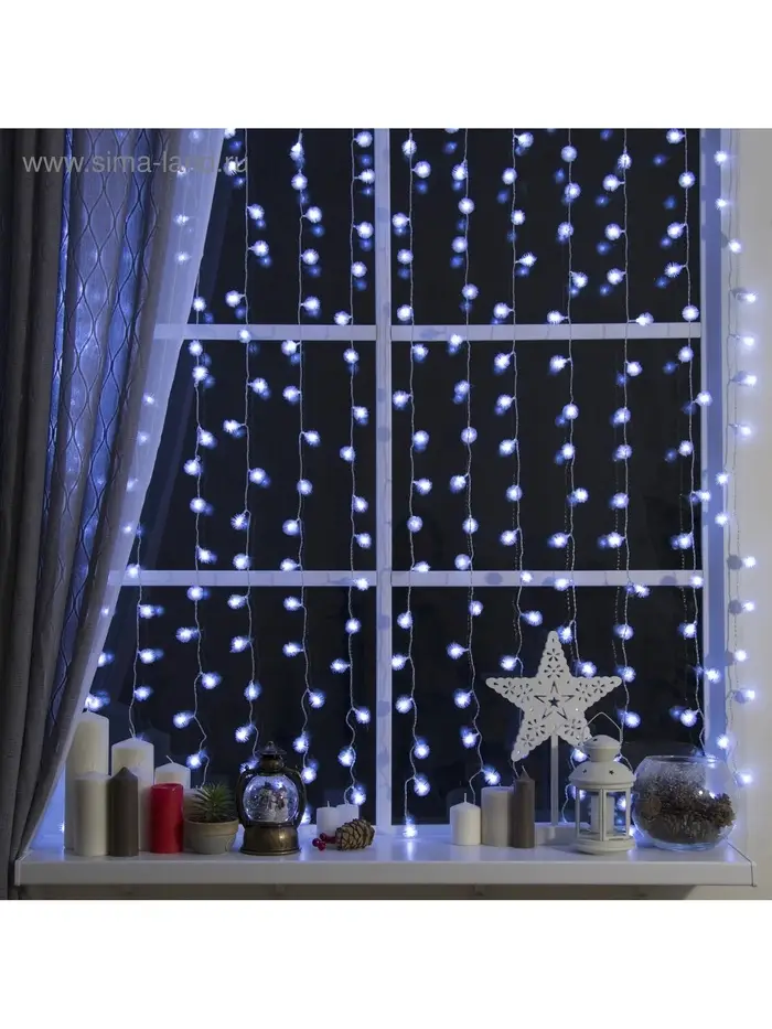 Гирлянда &laquo;Занавес&raquo; 2&times;1.5 м с насадками &laquo;Ёжики&raquo;, IP20, прозрачная нить, 360 LED, свечение белое, 8 режимов, 220 В