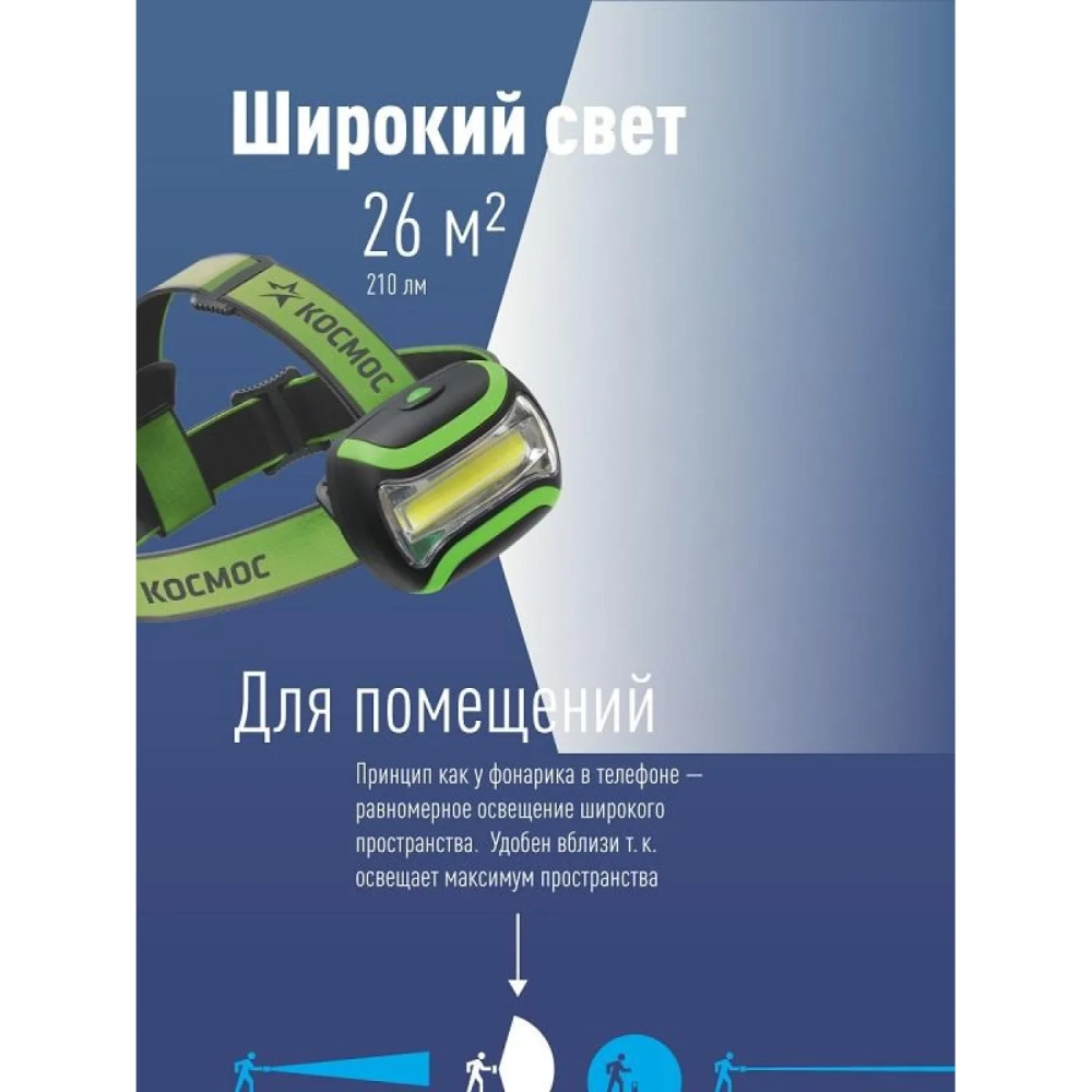 Фонарь налобный светодиодный KOC-H3WCOBLED, 3W COB, широкий