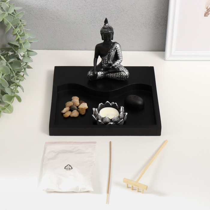 Сад камней Дзен  Сад камней Дзен "Будда просветление" песок белый + свеча 14х20х20 см