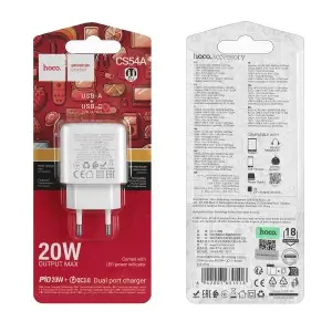 Переходник сетевого зарядного устройства на Type-C PD20W + USB QC3.0 CS54A HOCO белый