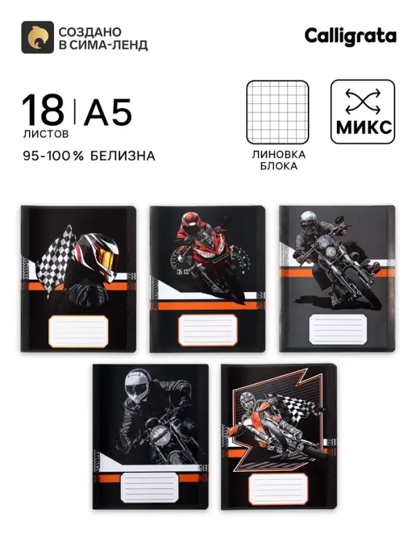Тетрадь 18 листов в клетку Calligrata Racing, обложка мелованная бумага, ВД-лак, блок офсет, белизна 95%, МИКС