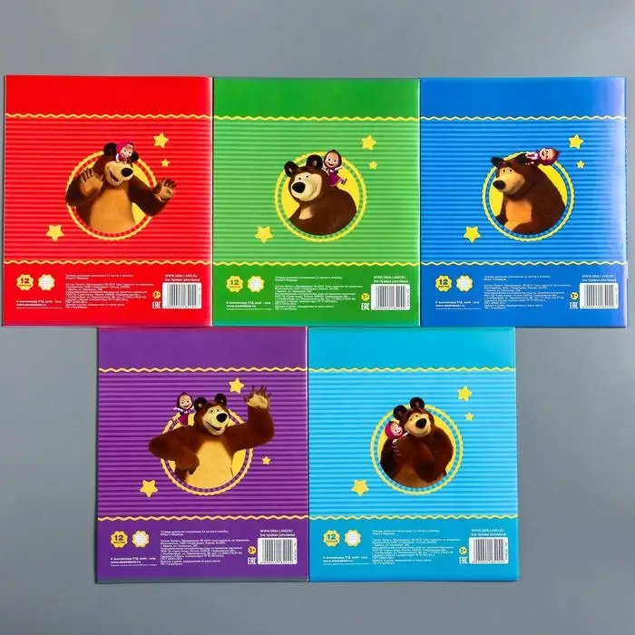 Тетрадь в линейку 12 листов, 5 видов МИКС, обложка мелованный картон, &laquo;Маша и медведь&raquo;